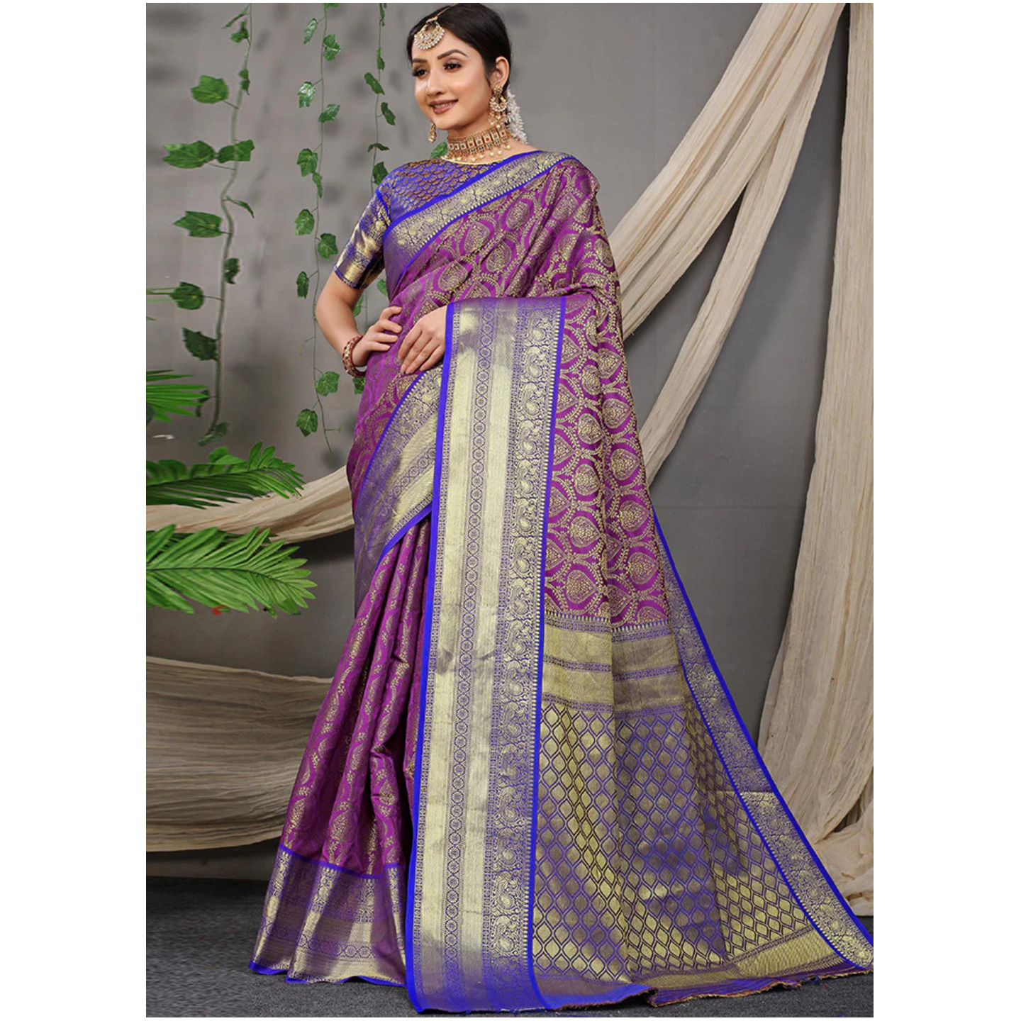 Purple Kanjivaram Silk Saree With Blouse Piece