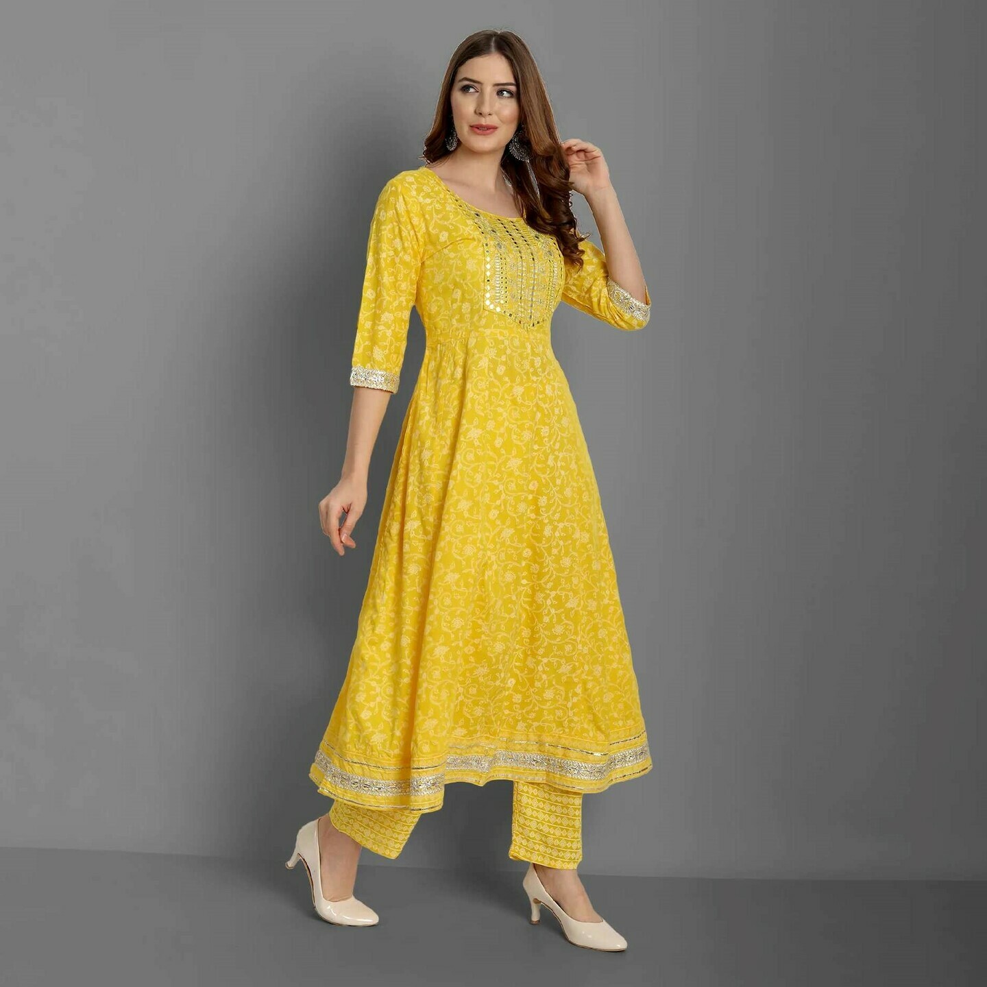 Womens Anarkali Rayon Printed Embroidered Kurta With Pant And Dupatta - Singni