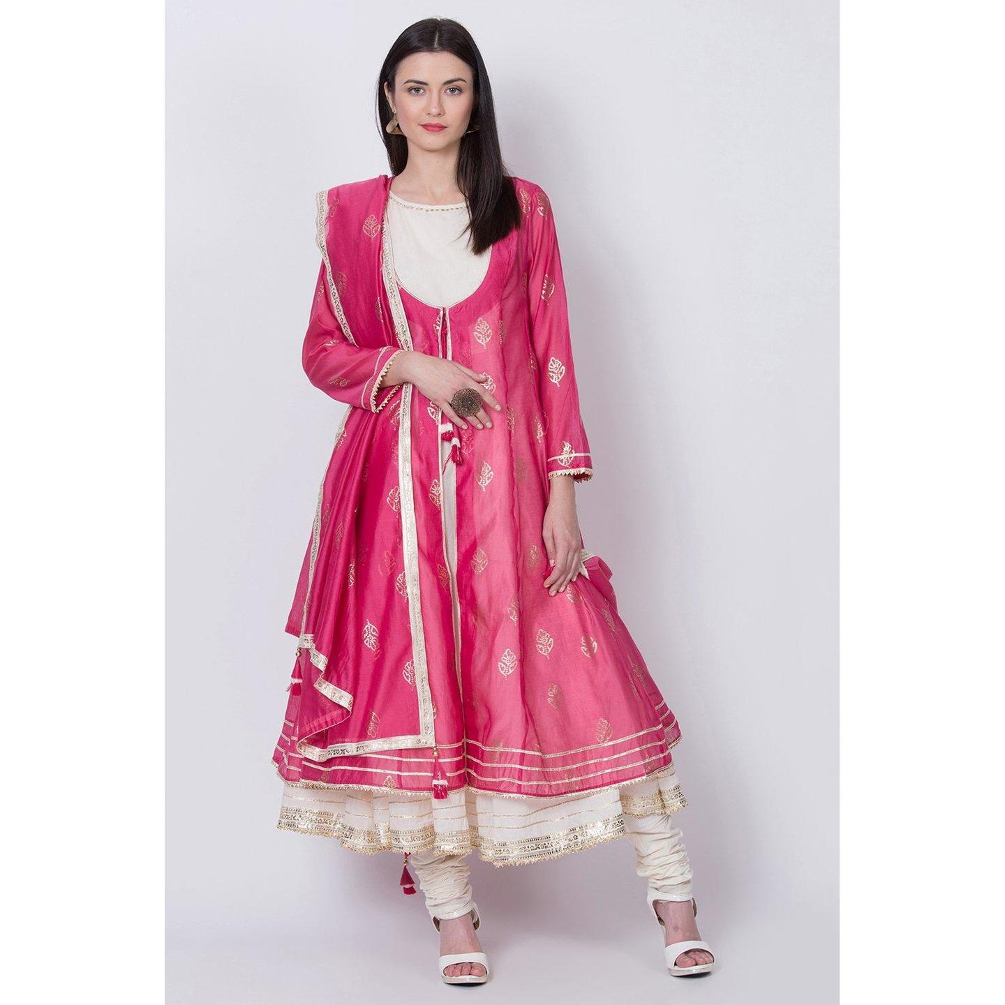 Pink Poly Cotton Front Open Suit Set