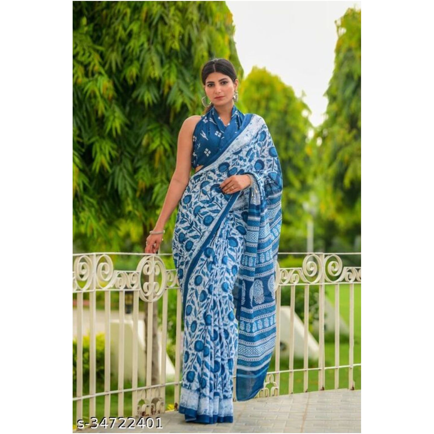 Buttas hand block printed cotton pure mulmul saree with blouse