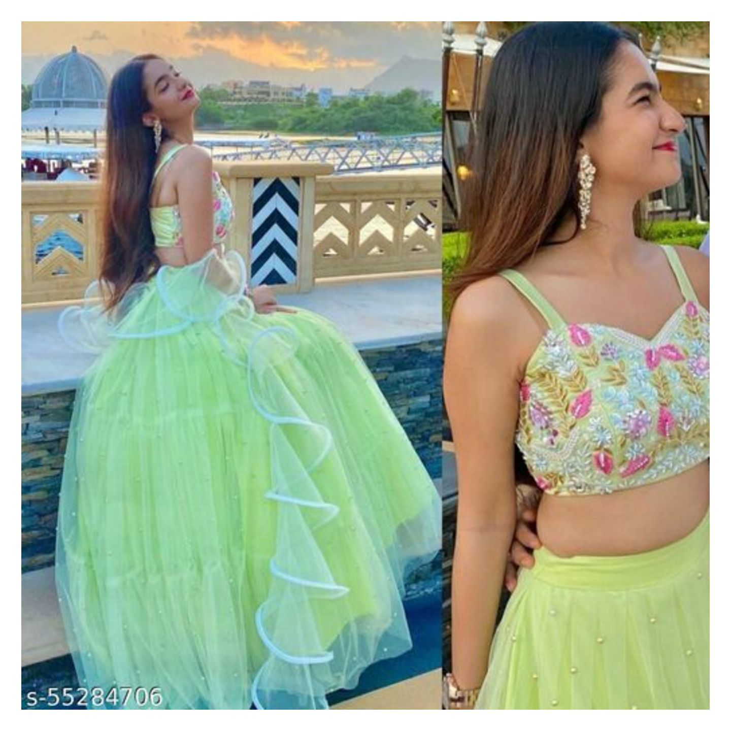 Mint Green Net lehenga with ruffle duppatta-Semi Stitched