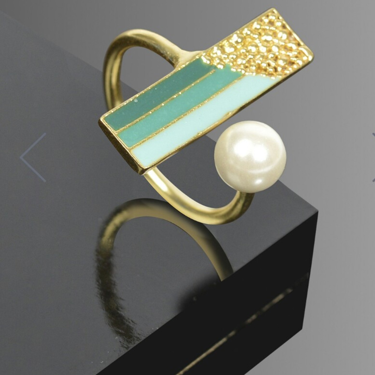 Enamel & Granulated Adjustable Women Ring Yellow Gold & Ombre Teal Colour