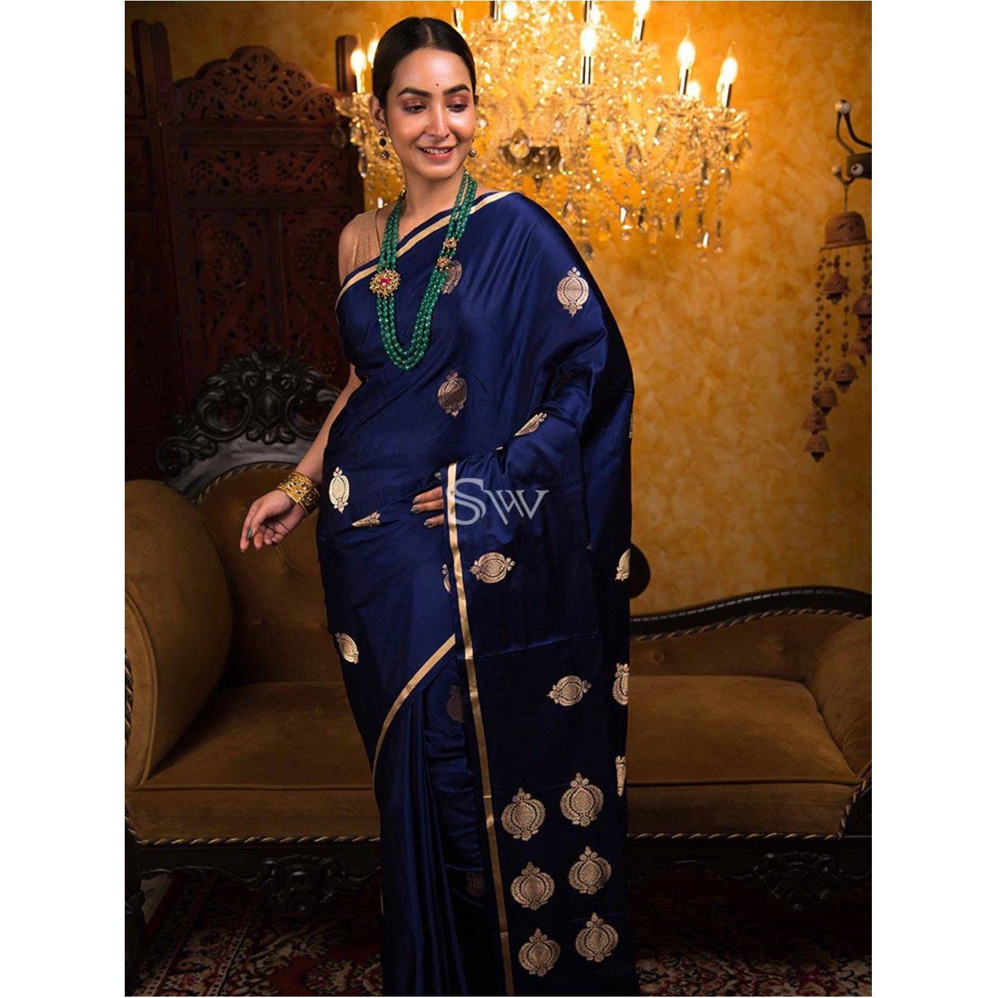 Blue Satin Silk Handloom Banarasi Saree