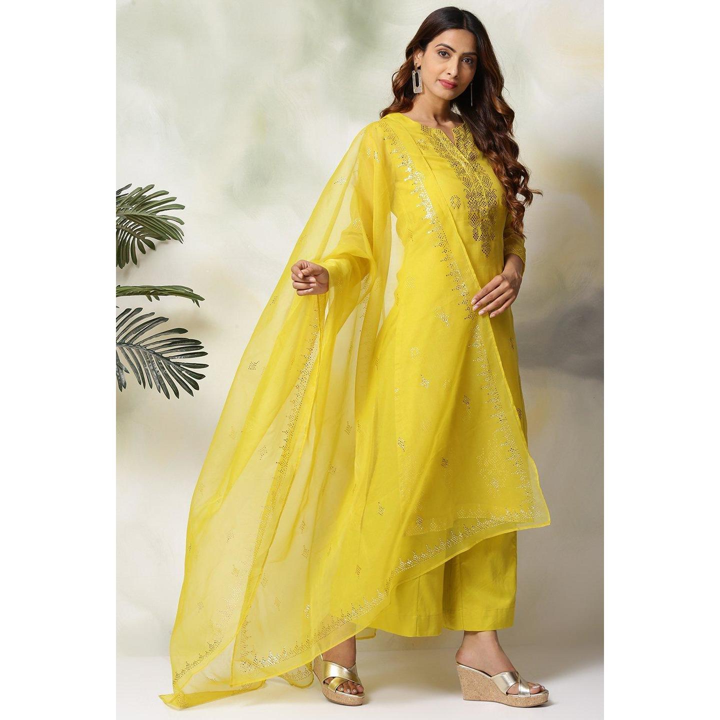 Lime Green Art Silk Straight Suit Set