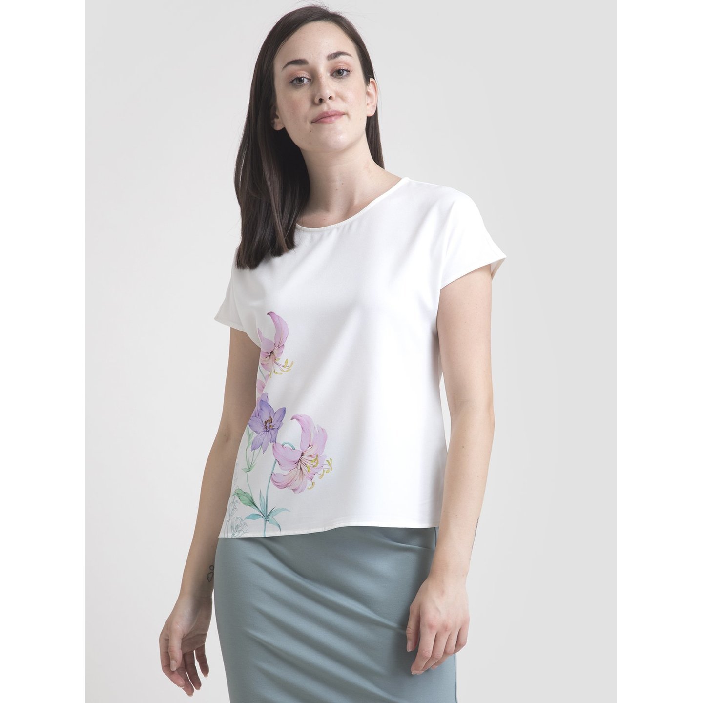 Round Neck Watercolour Floral Top - White
