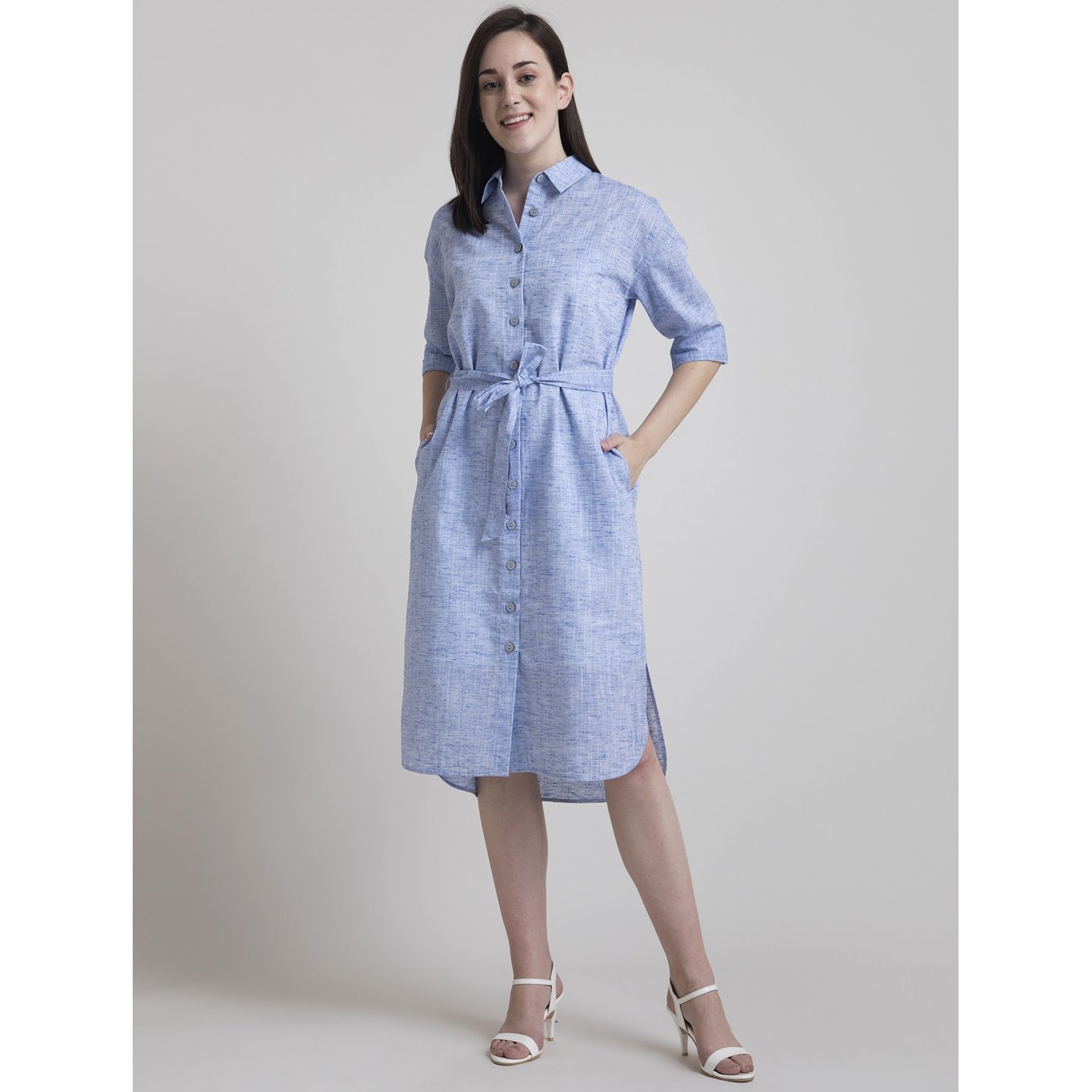 Cotton Pleated Shirt Dress - Blue