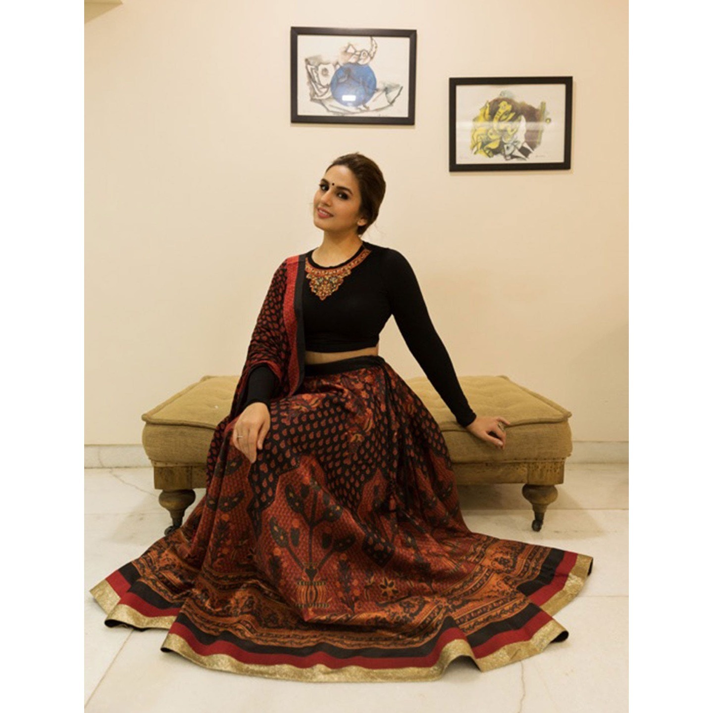 Huma Qureshi In A Black & Burgundy Kashida Embroidered Lehenga Set