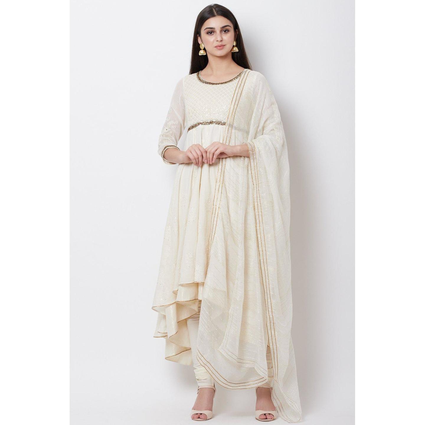 Cream Viscose Anarkali Suit Set