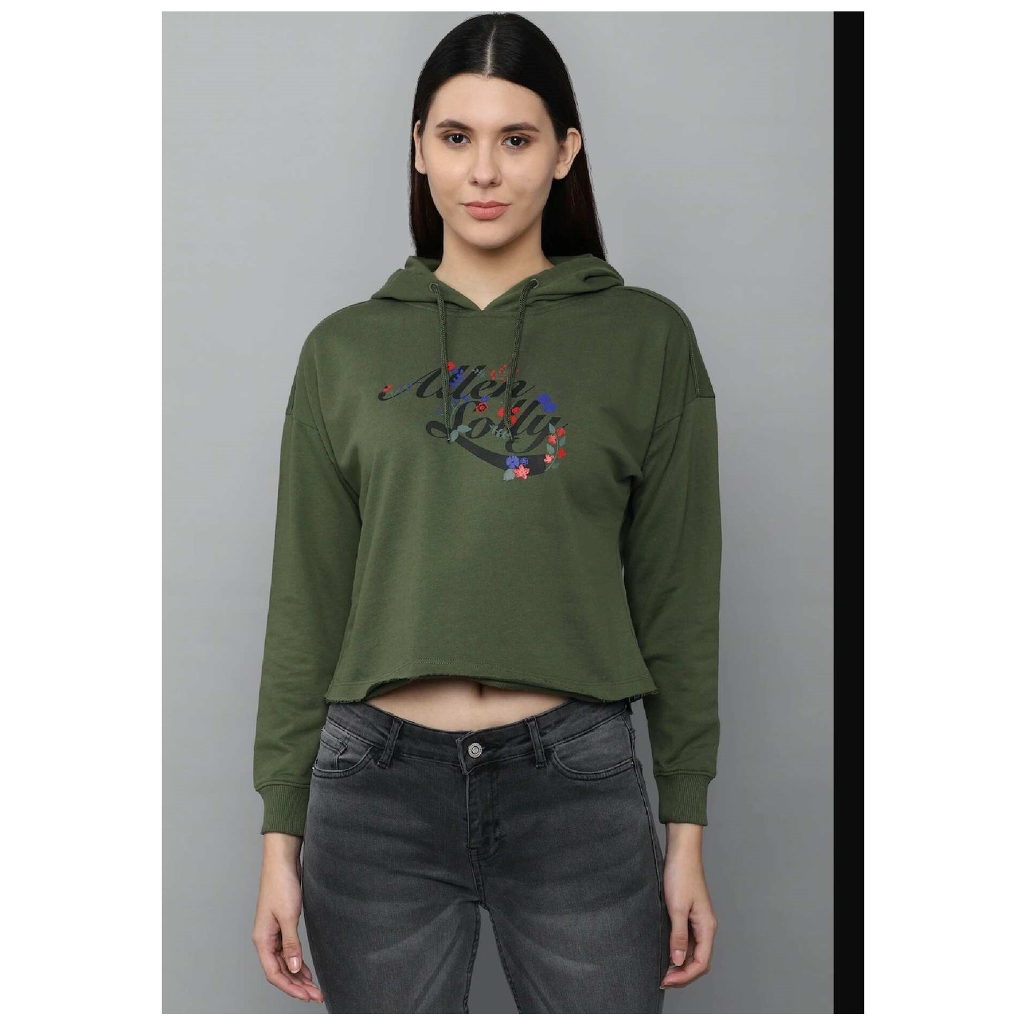 Allen Solly Womens Olive Graphic Print Hooded Neck Sweatshirt