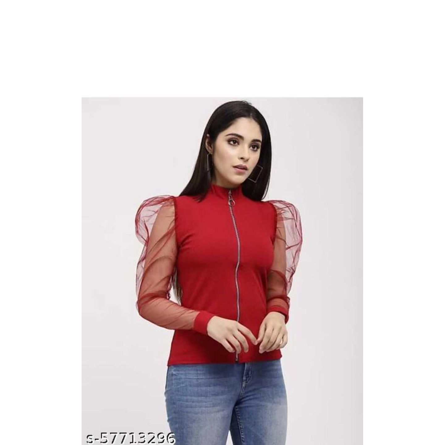 Varun Fashion Casual Long Net Sleeves & Front Zip Solid Maroon Women Top