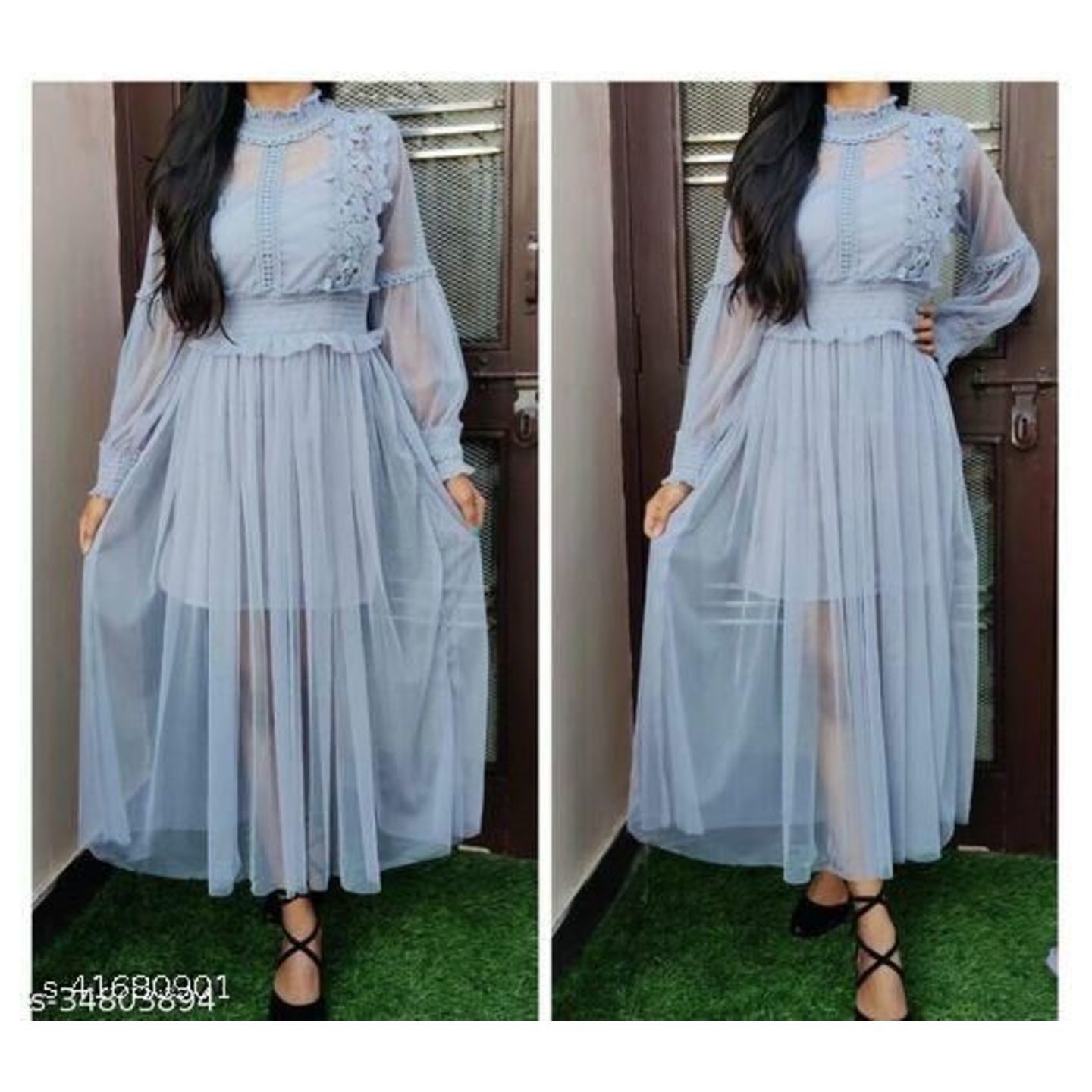 Women Lace Flowers Dream Gauze Dress Temperament Collar Lantern Sleeve Dress