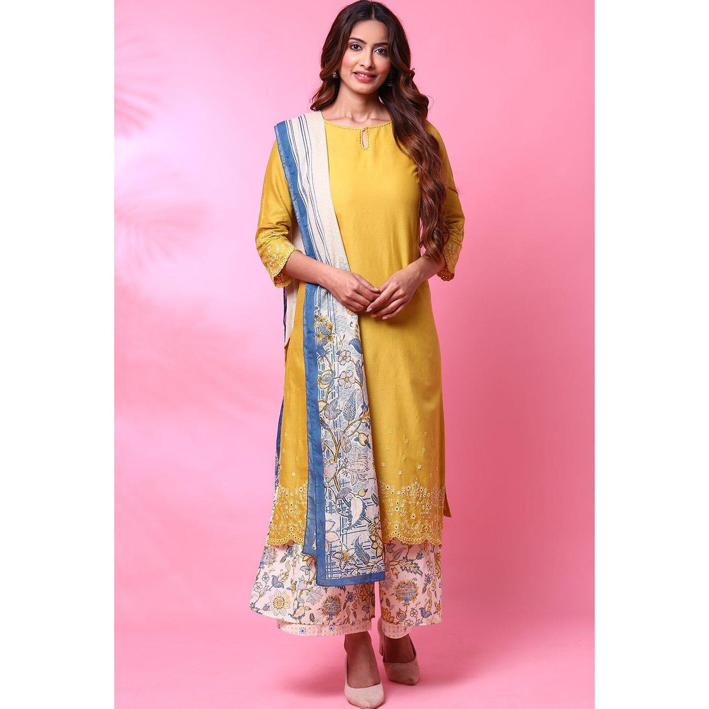 Mustard Cotton Flax Straight Suit Set