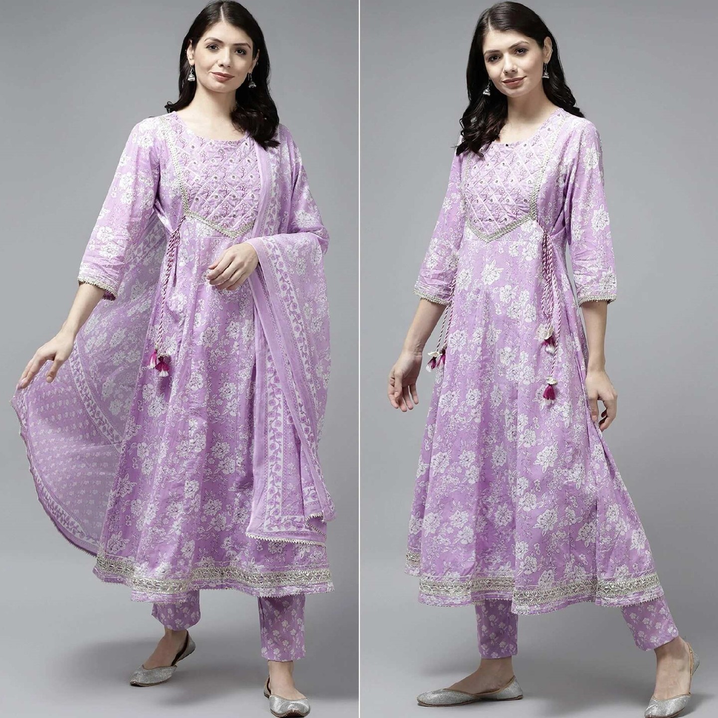 Lavender Floral Printed Pure Cotton Anarkali Suit Size- Stitched