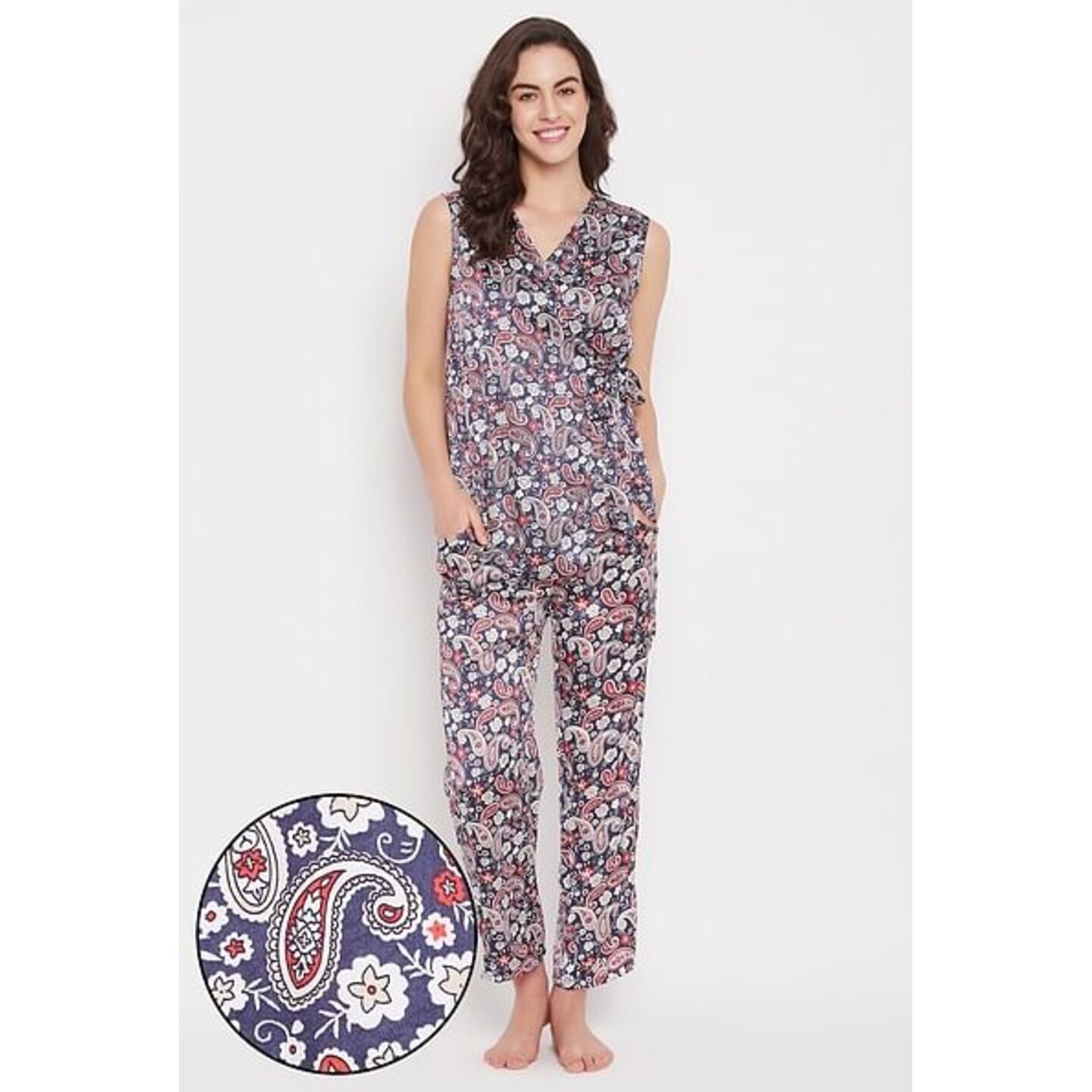 Paisley Print Angrakha Top & Pyjama Set in Navy - Satin 