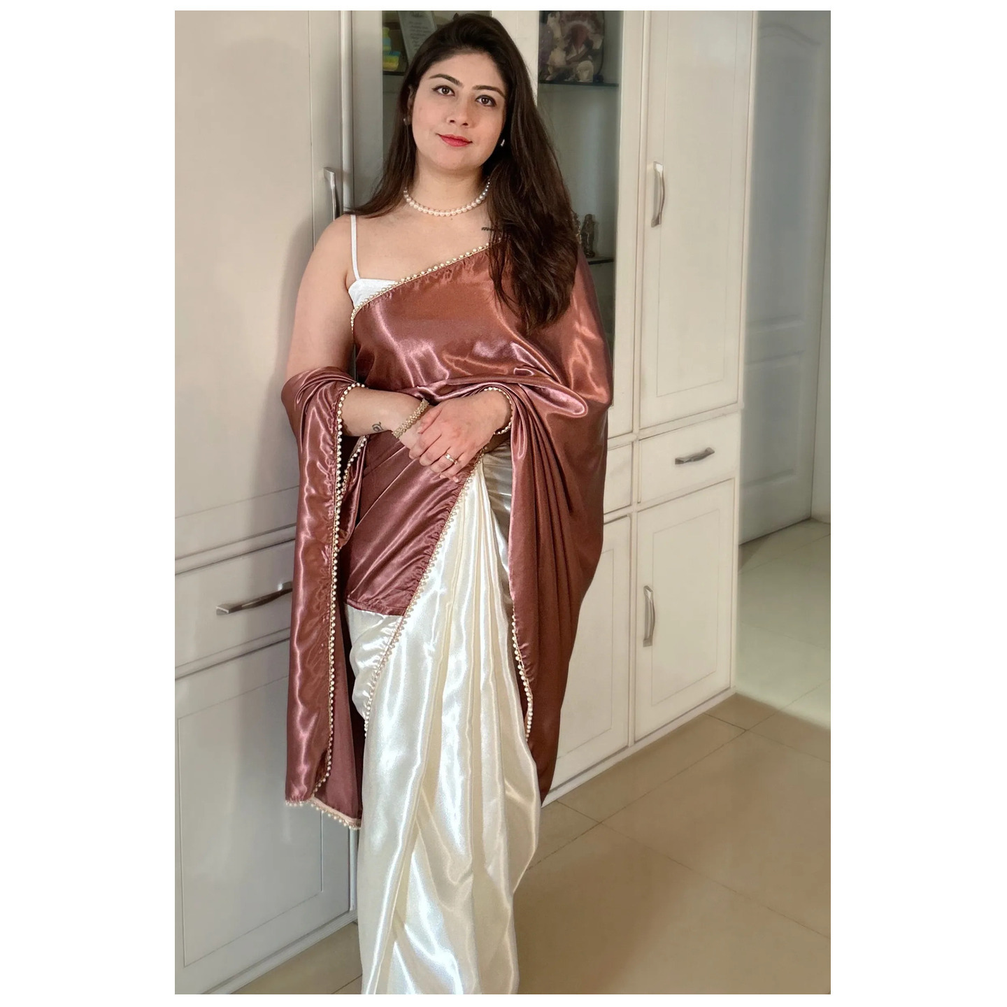 Oriental Pink & Off white Japan satin saree 