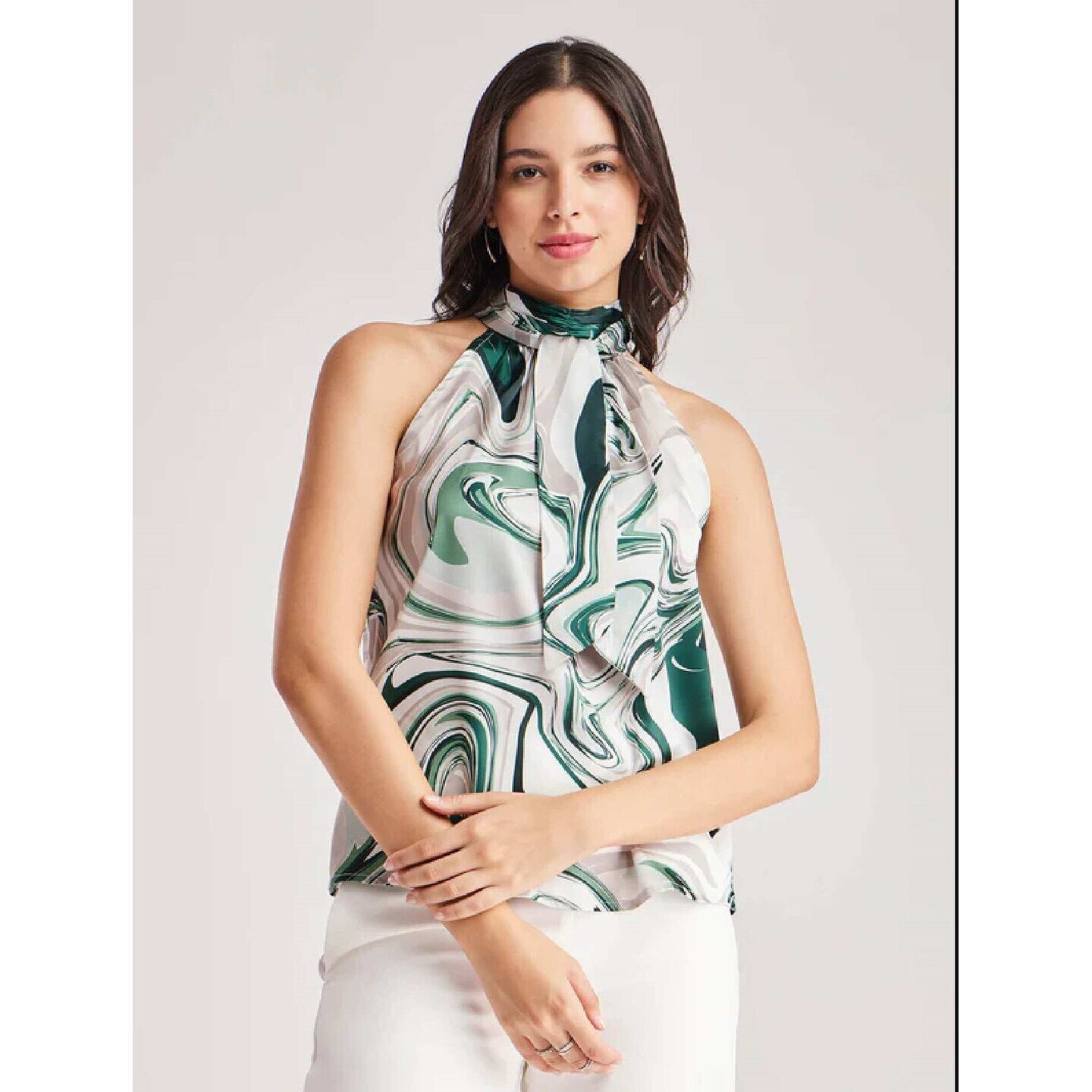 Satin Halter Neck Top - Green And White 