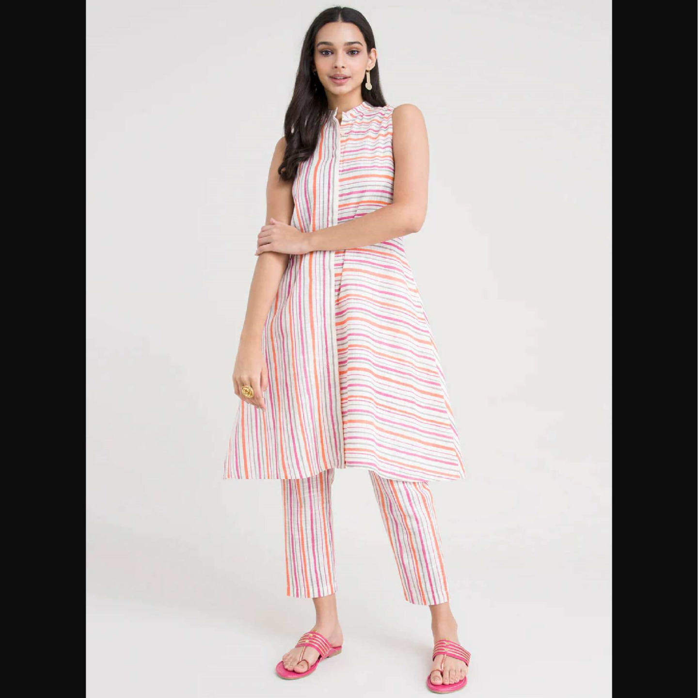 Stripe Play Asymmetrical Kurta Set - Orange