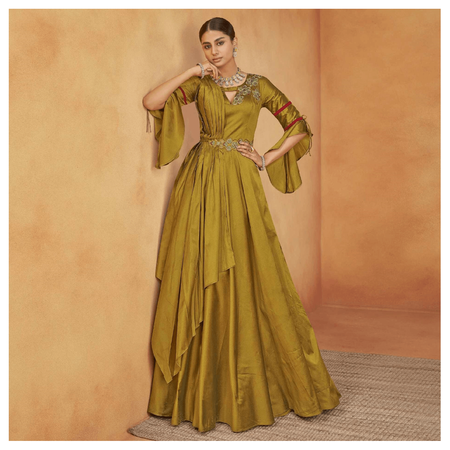 Mehendi Green Party Wear Embroidered Tapetta Gown
