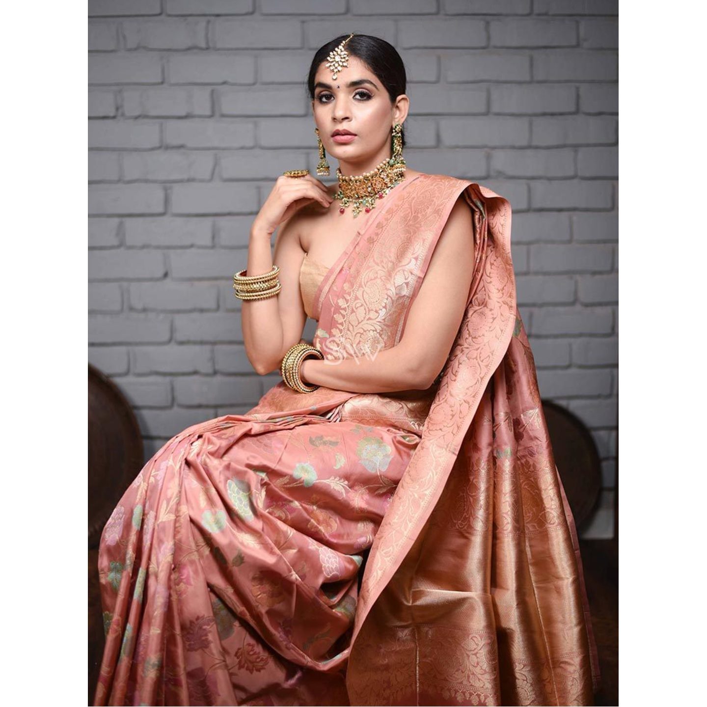 Peach Meenakari Katan Silk Handloom Banarsi Saree