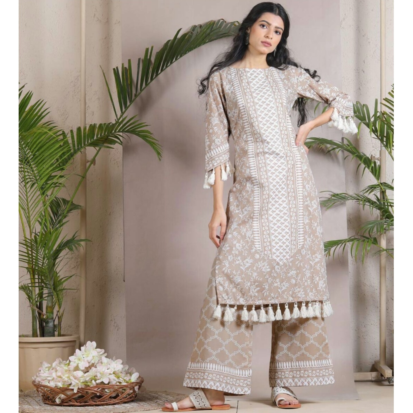 Beige Kurta Palazzo Set with Tassel Details