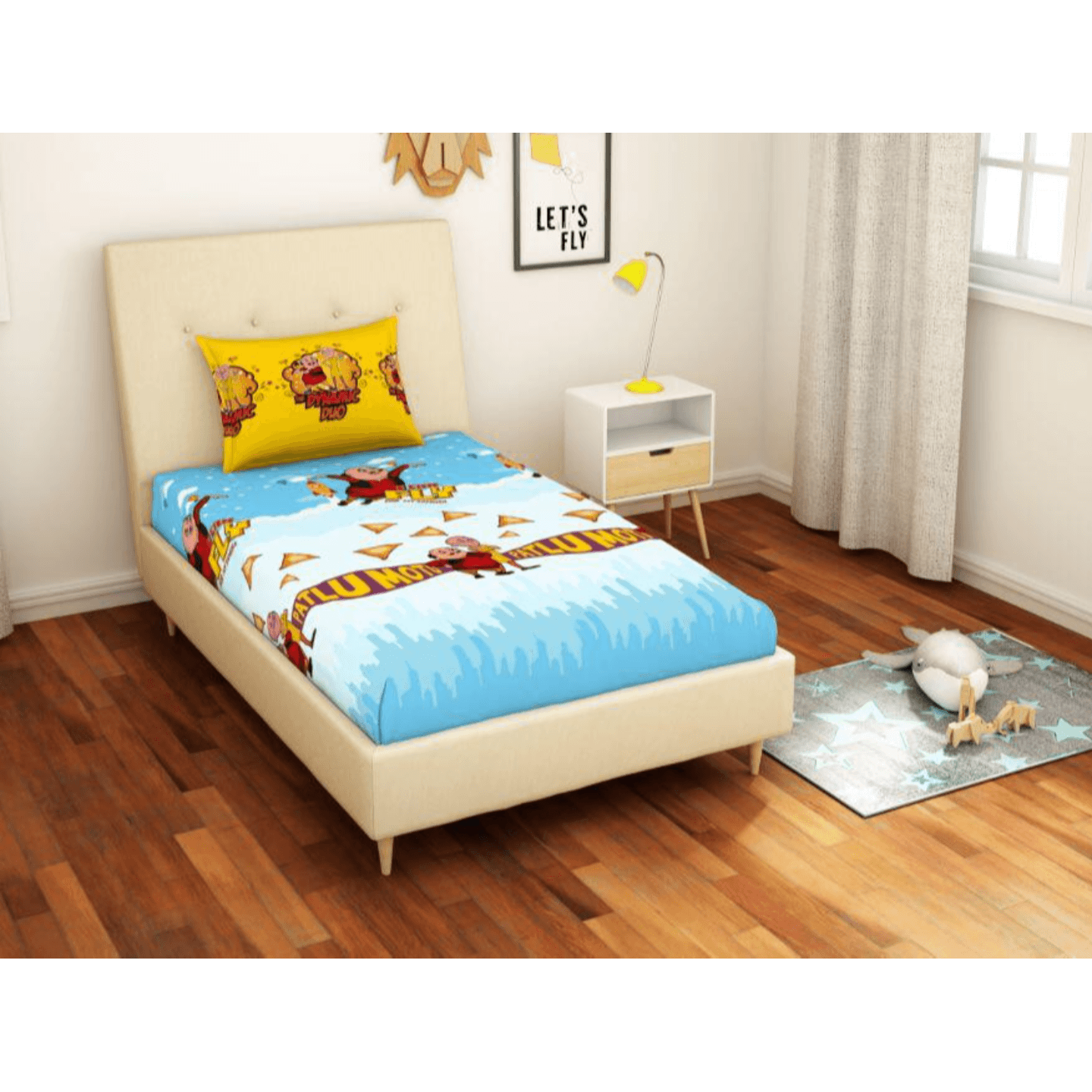 Viacom Motu Patlu Skin Soft 100 % Cotton Single bedsheet with 1 pillowcase - Blue/Yellow--Kid Collection