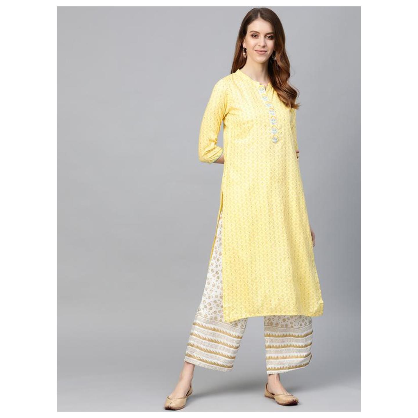 Women yellow kurta with white palazzo pants by Anubhutee(Set of 2)