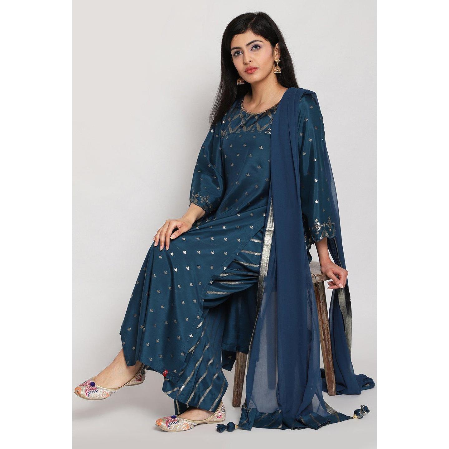 Peacock Blue Viscose Straight Suit Set