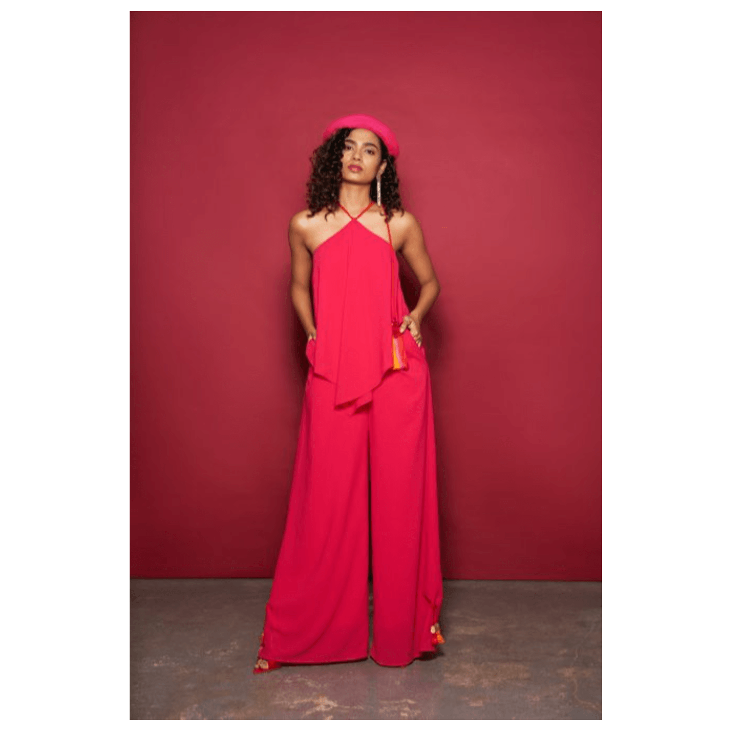 FUCHSIA TIE-UP HALTER JUMPSUIT