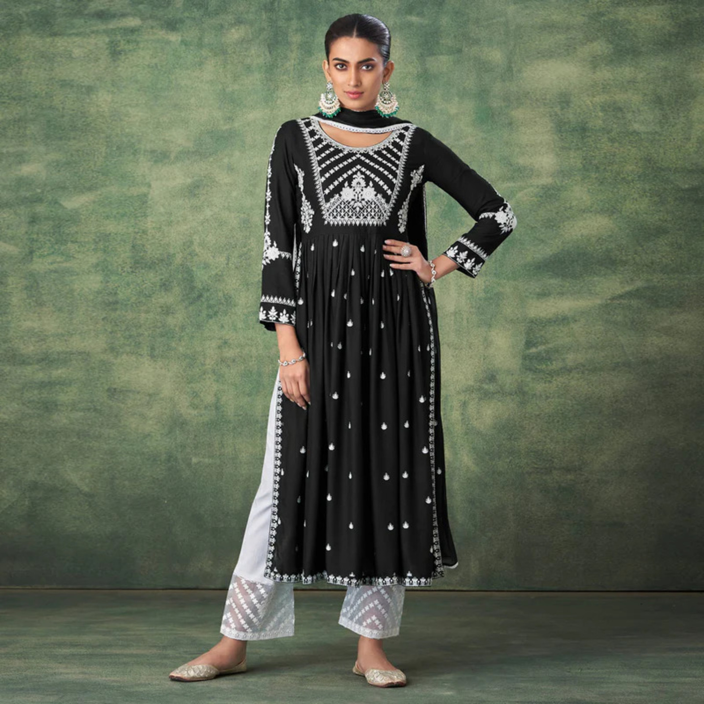 Black Lucknowi Work Rayon Naira Cut Palazzo Suit 