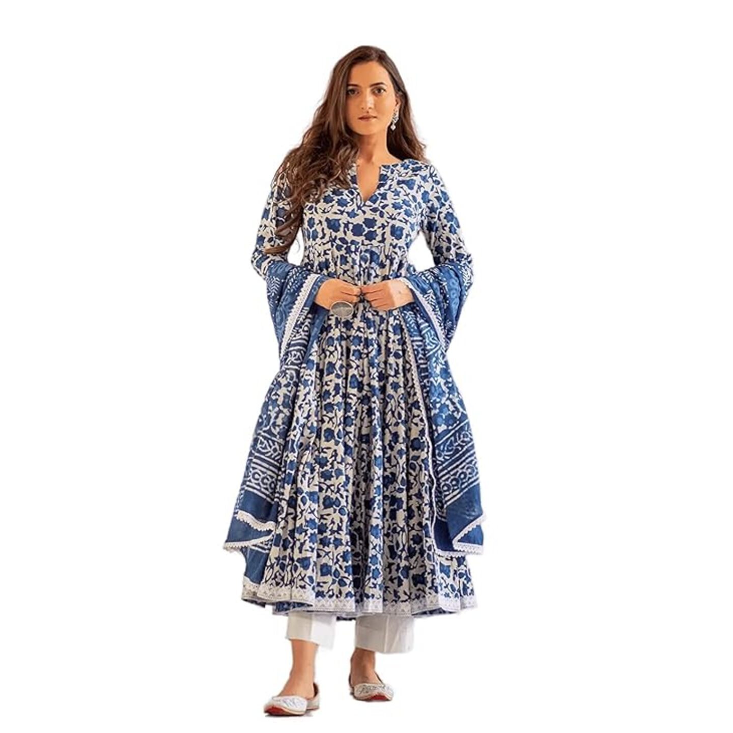 MEERA FAB Women's Cotton Printed Anarkali Kurta With Palazzo & Dupatta Set 