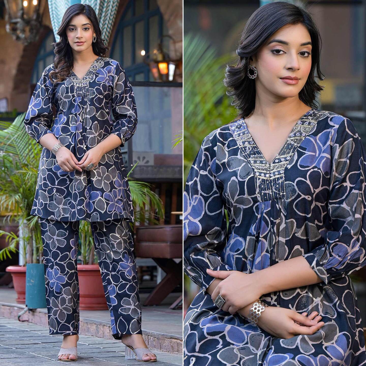 Denim Blue Floral Printed Chanderi Silk Co-Ord Set 