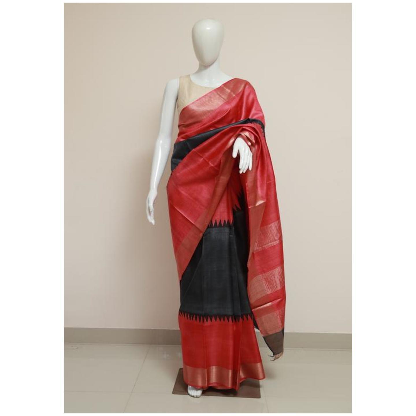 Block Printed Tussar Silk Saree With Zari Design 26