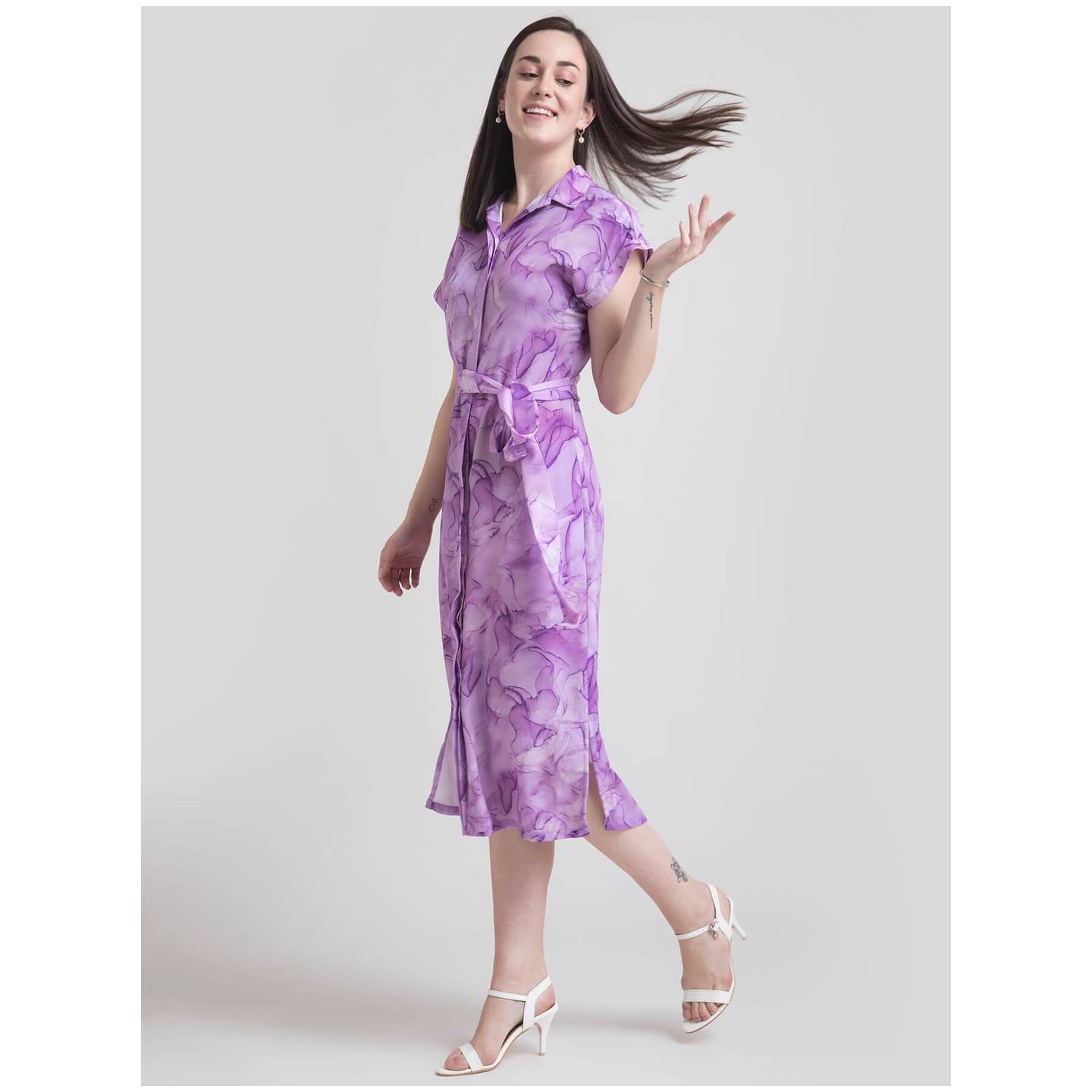 Collared Marble Print Shirt Dress - Lilac