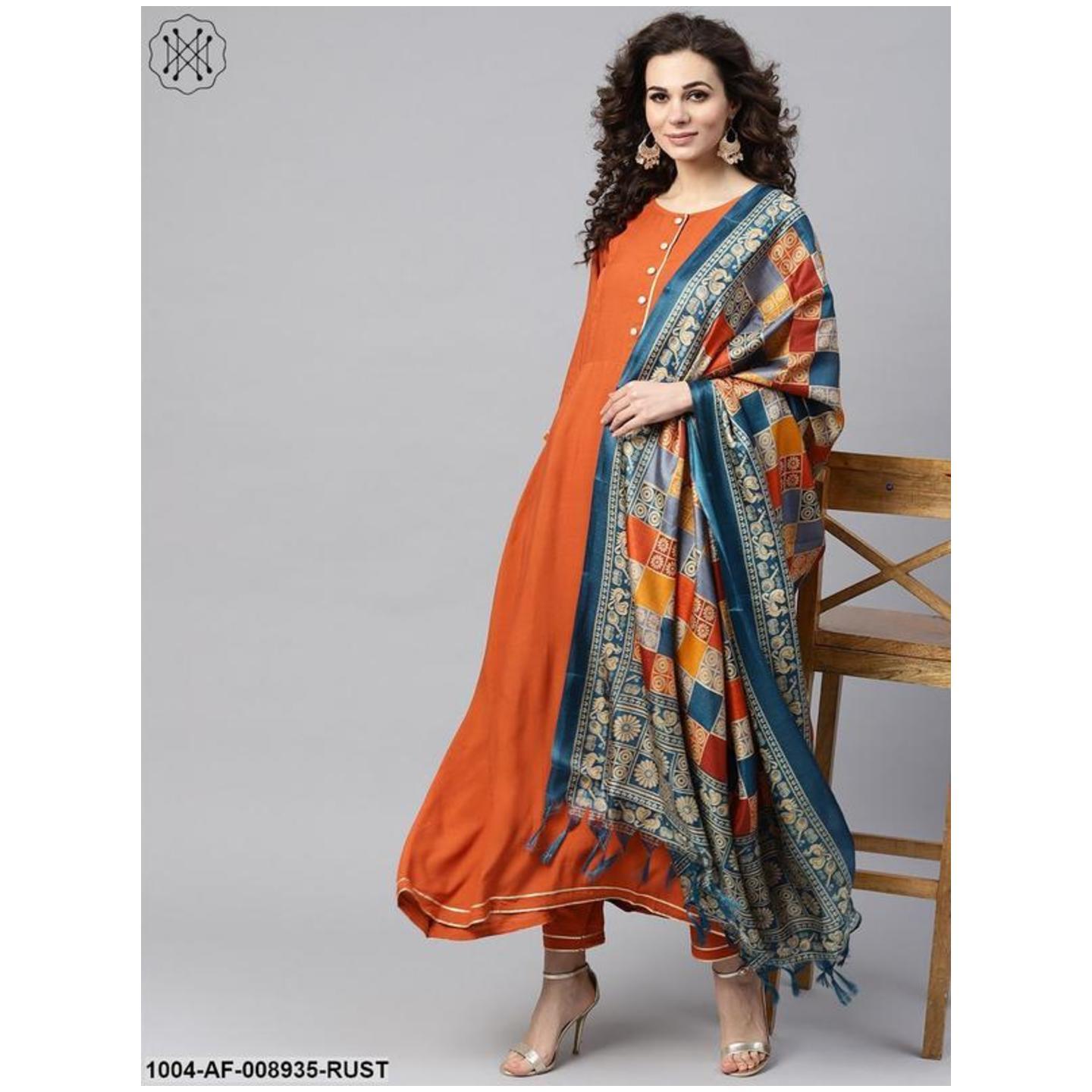 Womens Rust Orange A-Line Kurta Set With Pants & Bhagalpuri Printed Dupatta - Nayo Clothing
