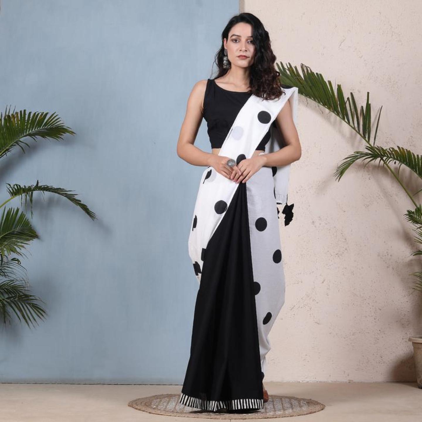 Retro Polka Black & White Half & Half Saree with Tassels,Cotton Printed