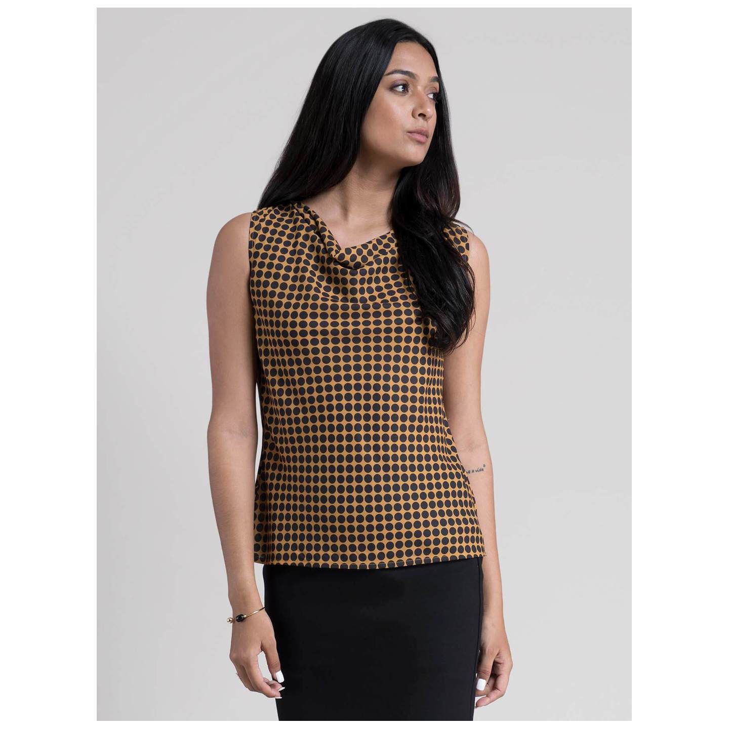 Cowl Neck Polka Dot Top - Mustard & Black