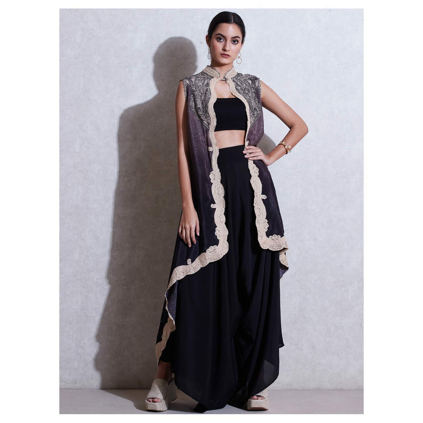 Beige & Black Embroidered Cape with Trouser