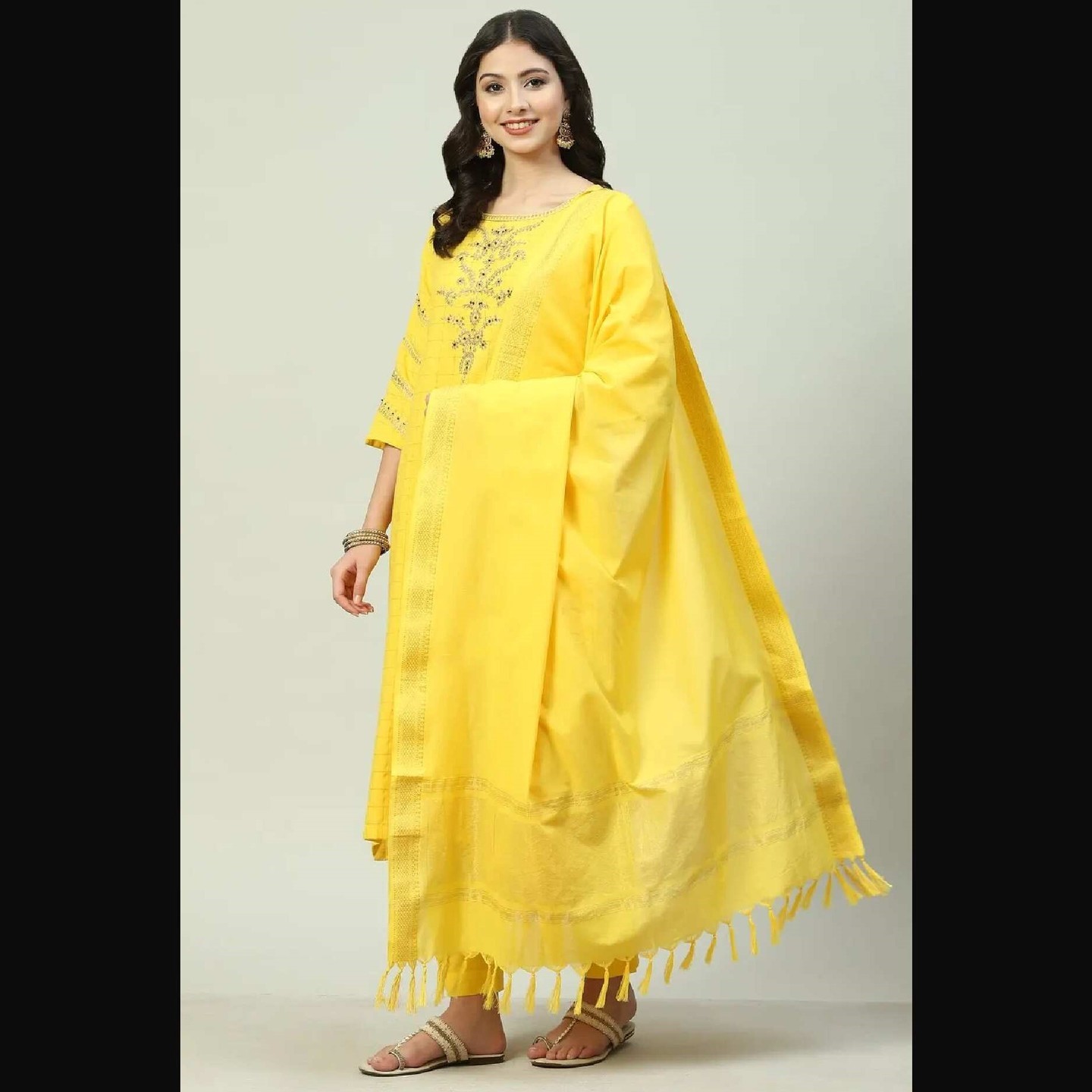 Yellow Cotton Straight Suit Set