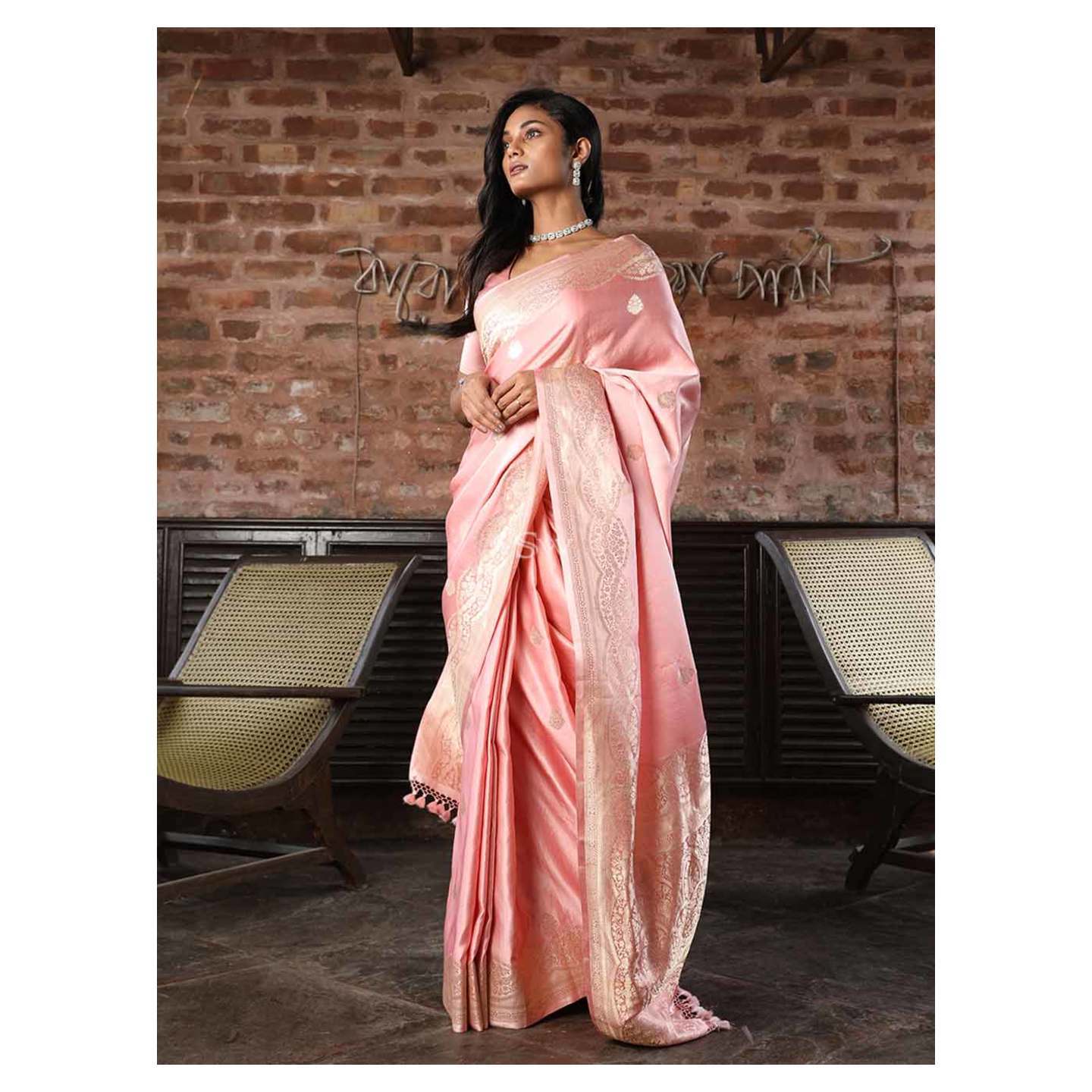 Pastel Pink Booti Satin Silk Handloom Banarasi Saree