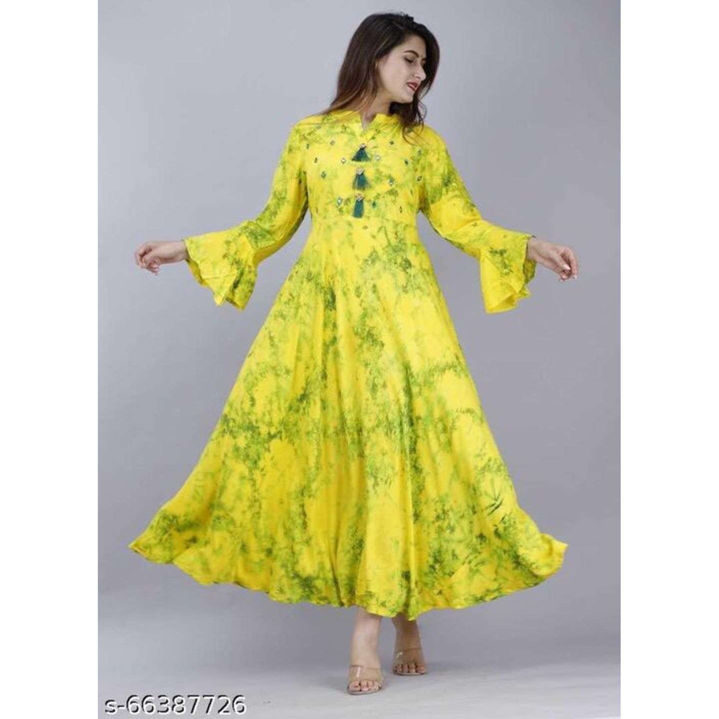 Women Printed Rayon Anarkali gown (Yellow, Green)