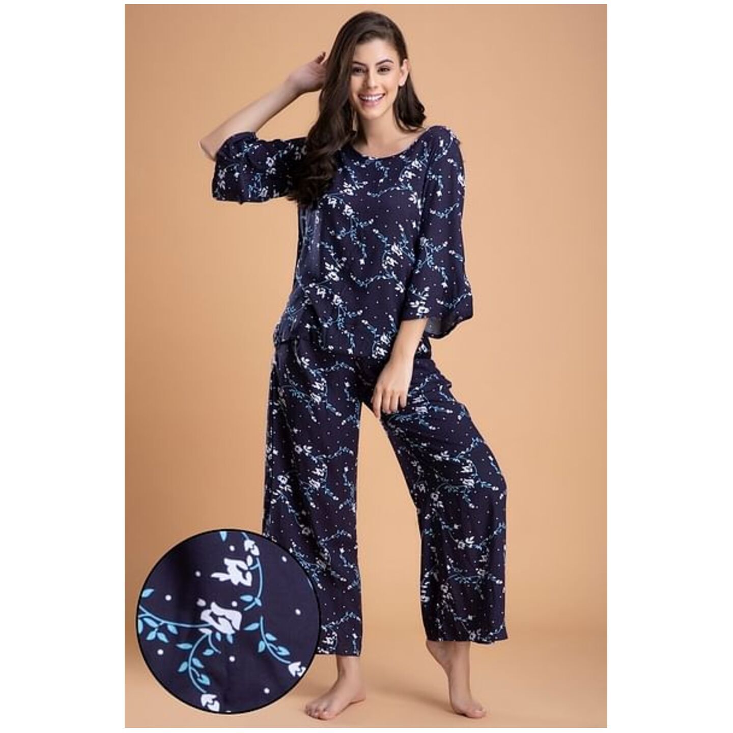 Pretty Florals Top & Pyjama Set in Blue - Rayon