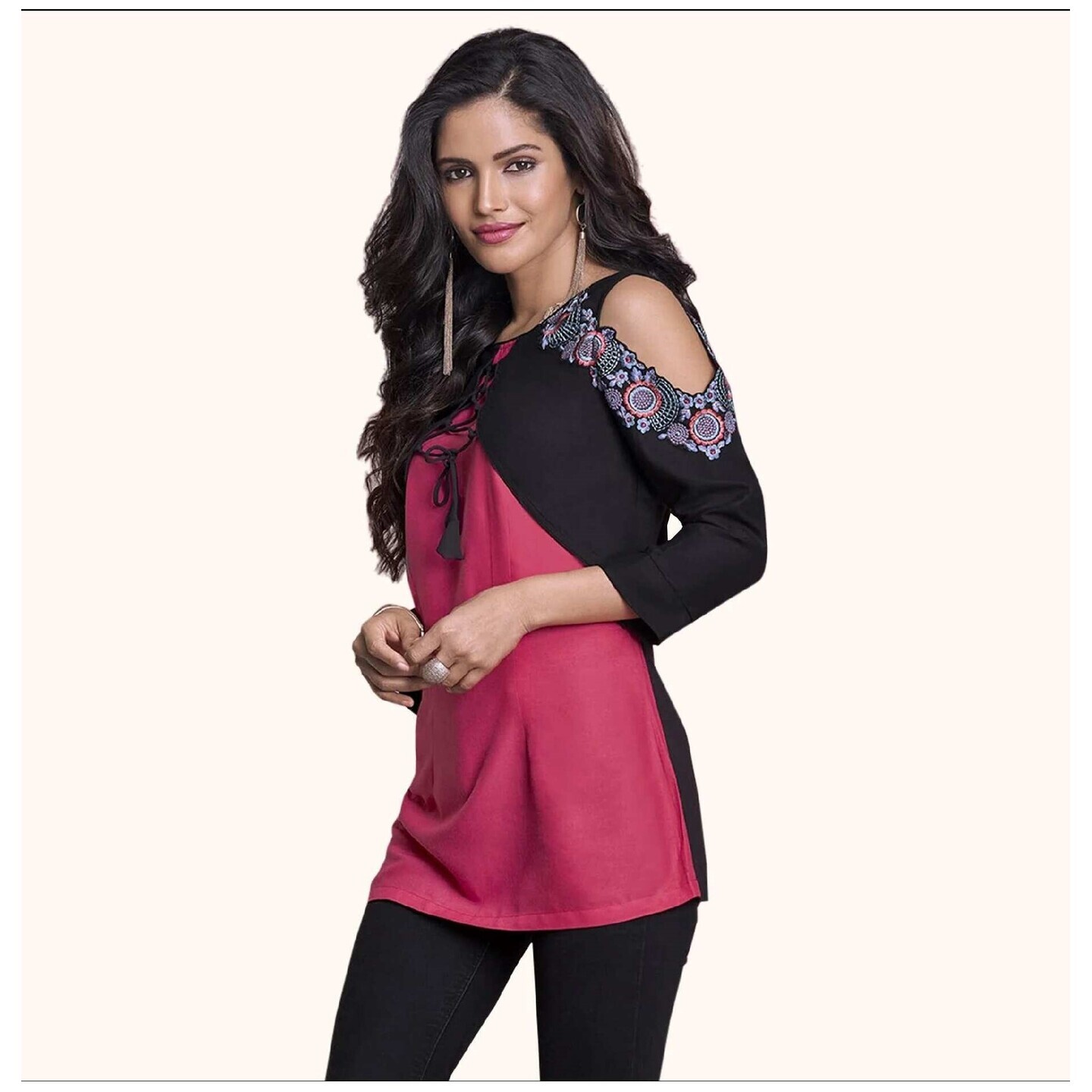 Groovy Pink-Black Colored Partywear Embroidered Rayon Western Top 