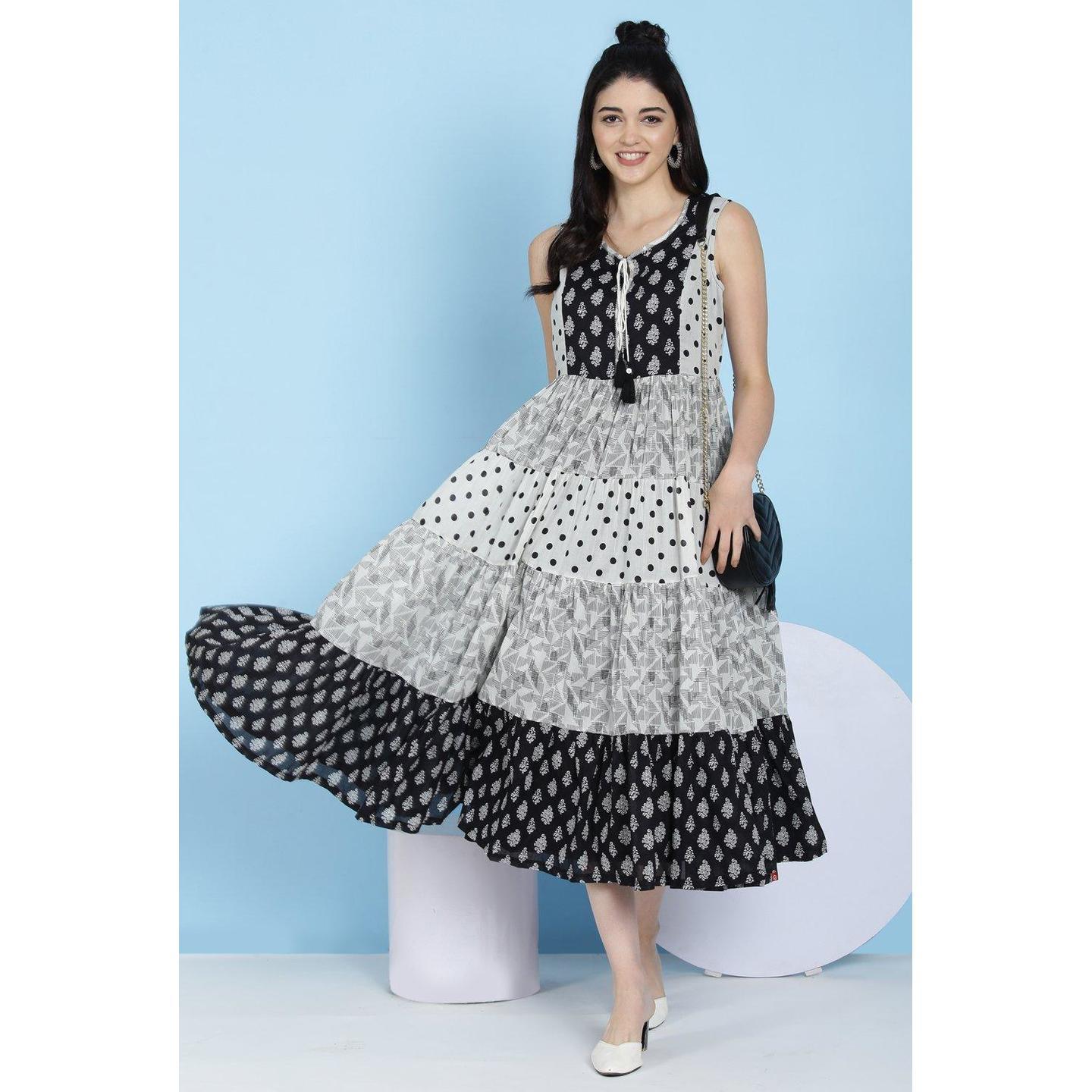 Black And White Cotton Fusion Wear Dress