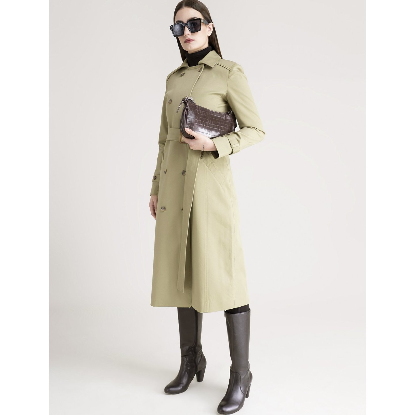 Double-Breasted Longline Trench Coat - Beige