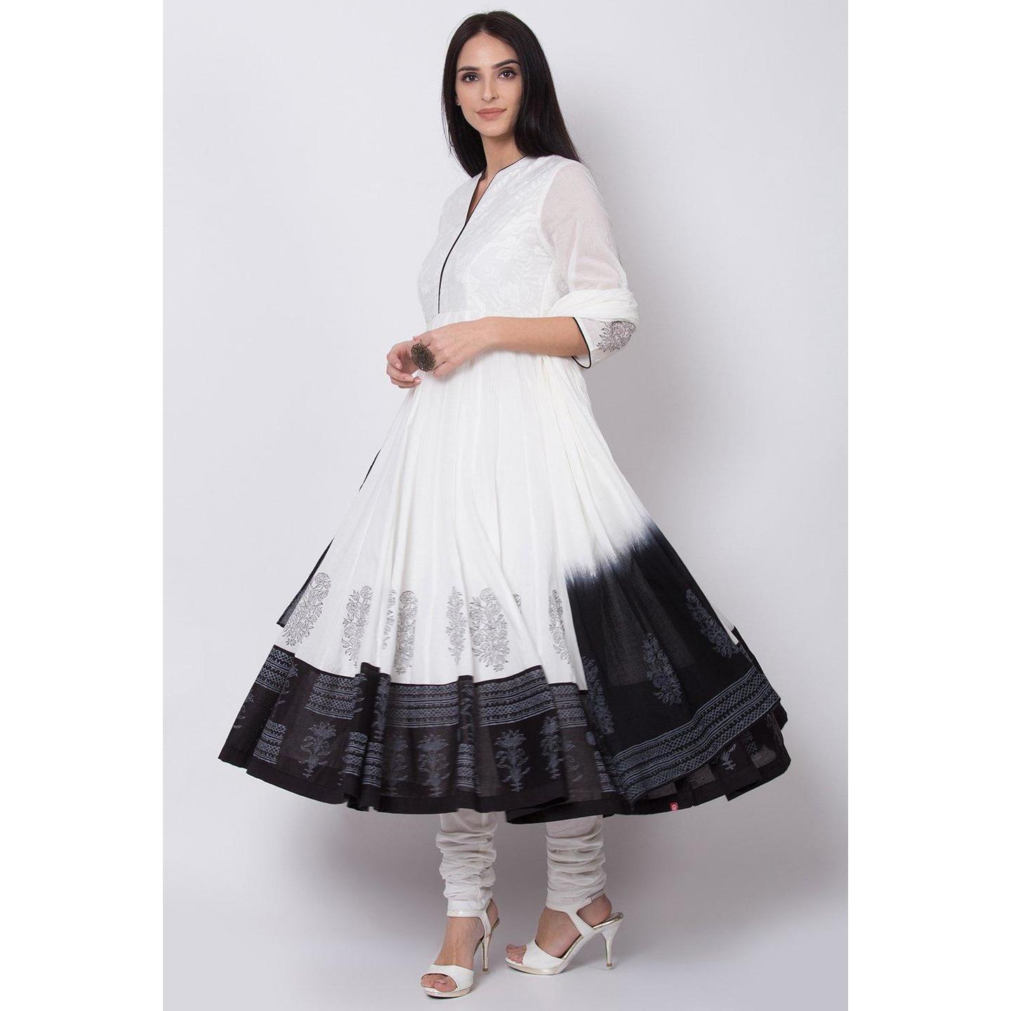 Off White And Black Cotton Anarkali Suit Set Off White And Black Cotton Anarkali Suit Set Combines Kurta, Churidar & Dupatta