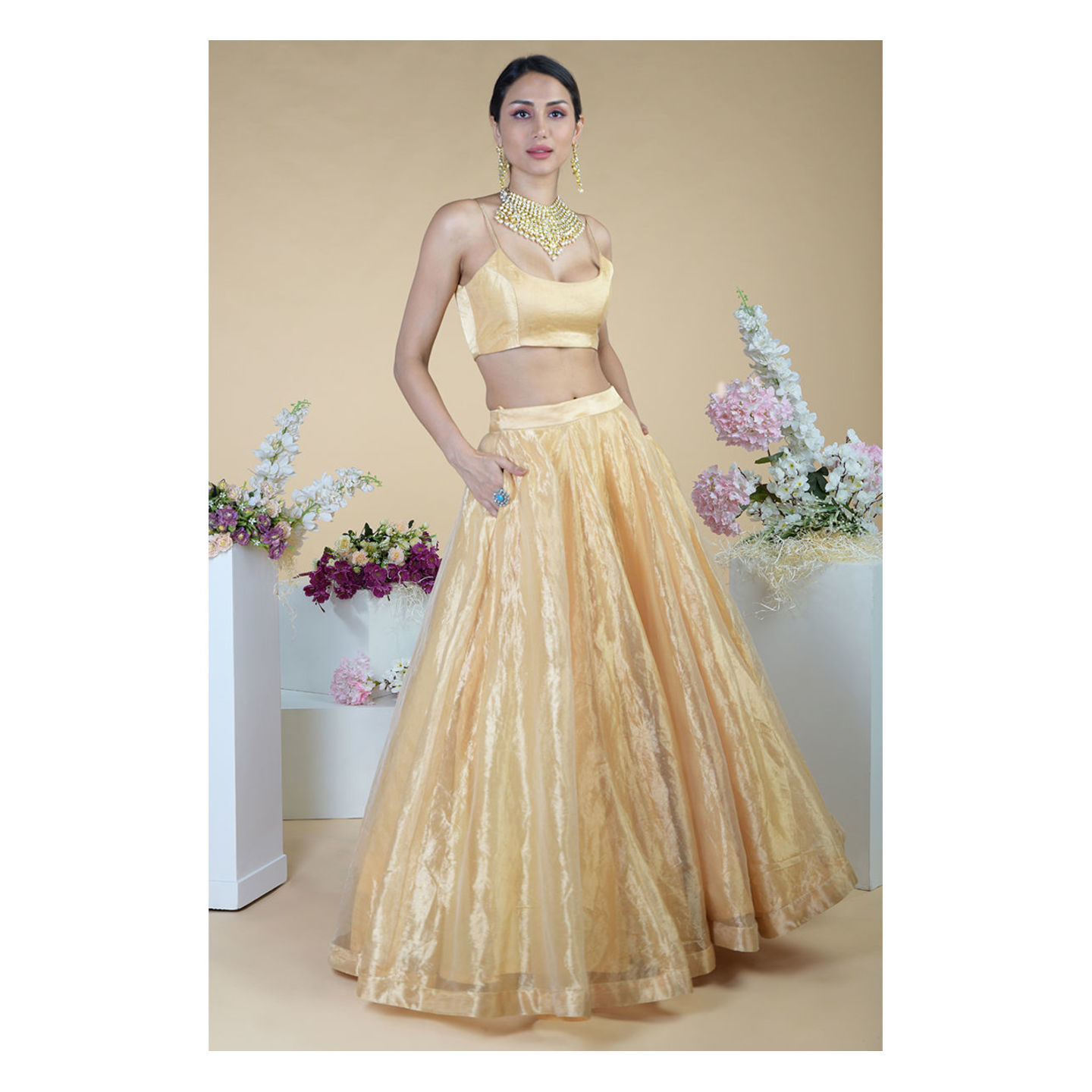 Gold Tissue Circular Flare Lehenga Set