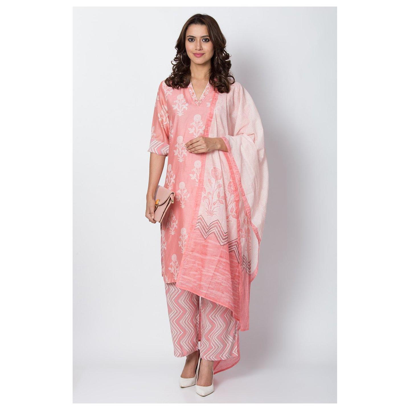 Light Pink Cotton Silk Straight Suit Set