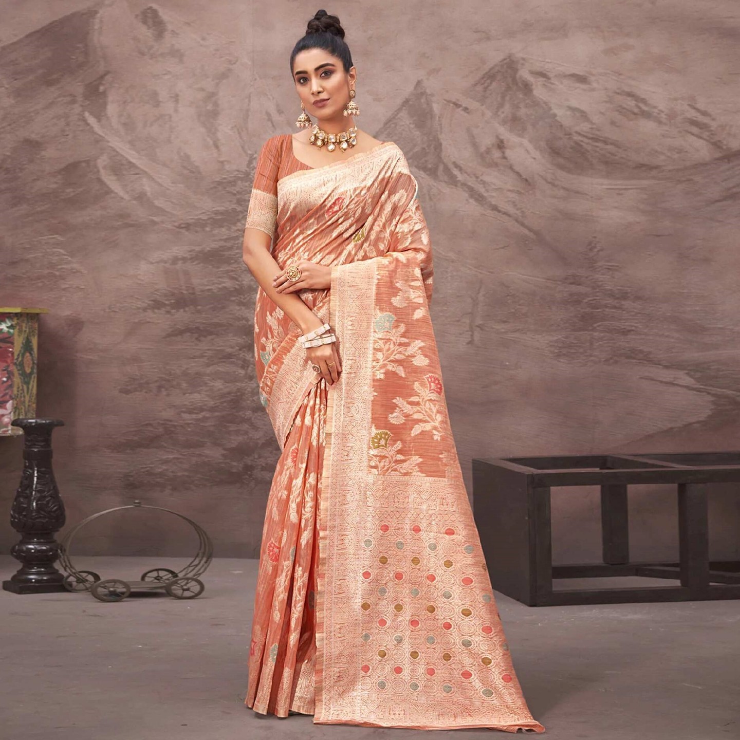 Peach Floral Woven Cotton Silk Saree 