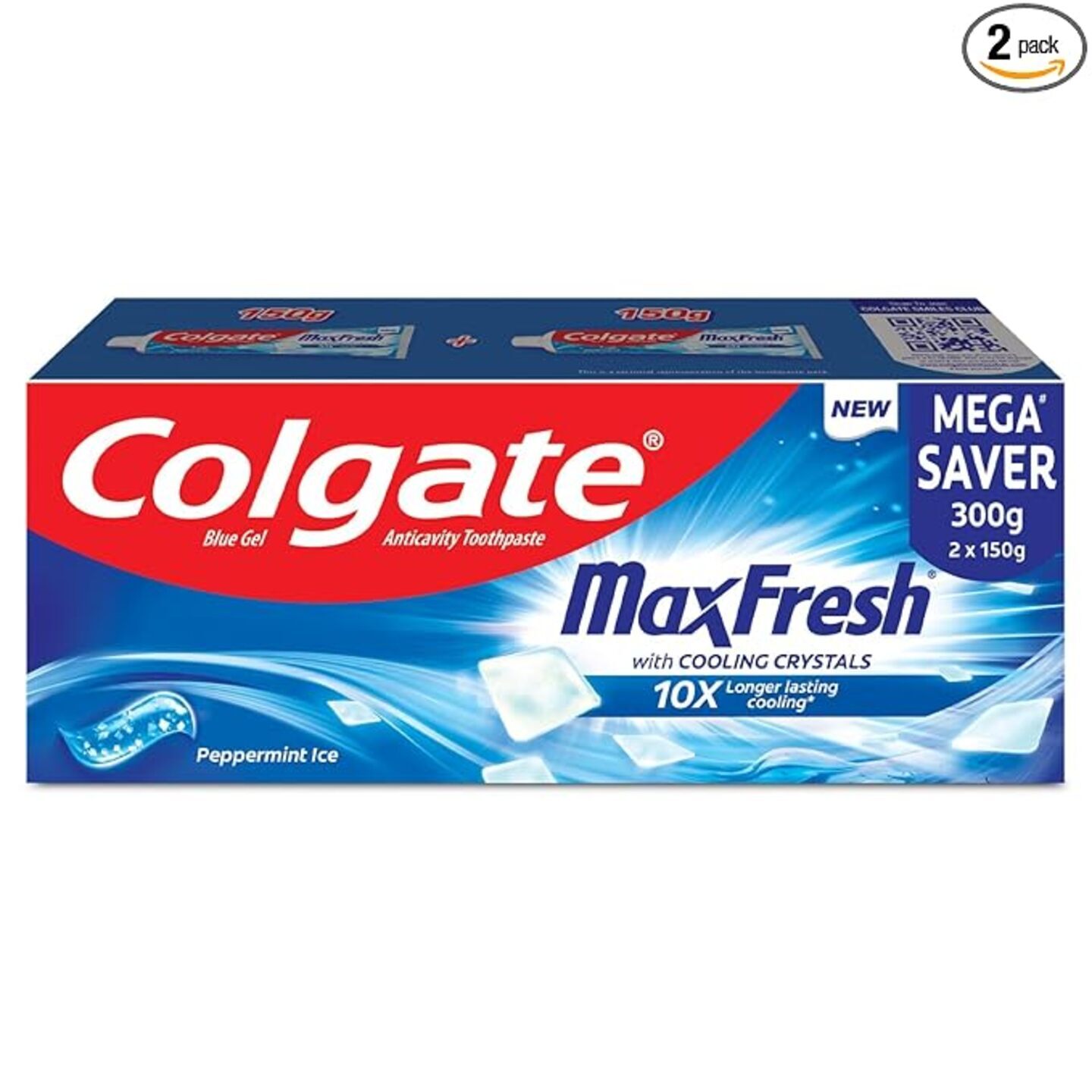 Colgate MaxFresh Toothpaste, Blue Gel Tooth Paste with Menthol for Super Fresh Breath, 300g, 150g X 2 (Peppermint Ice, Combo Pack Offer) 