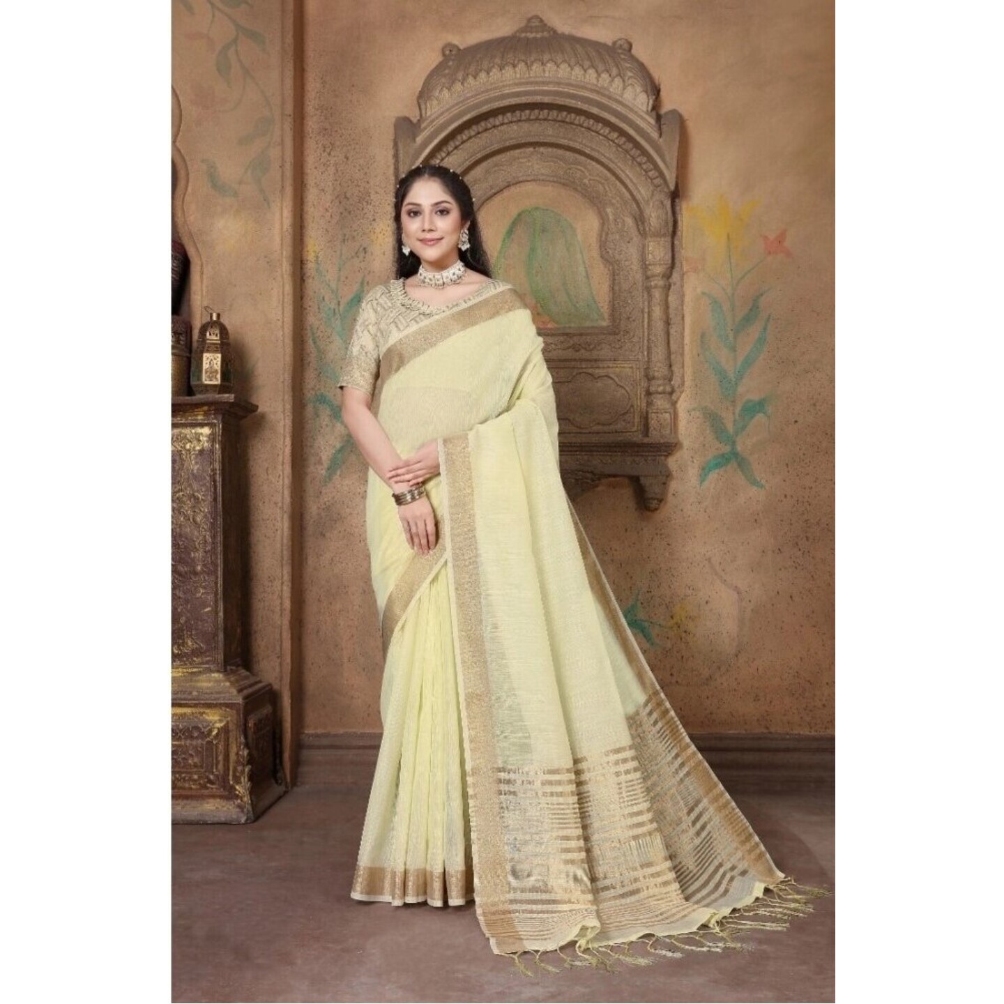 Generic Women's Soft Linen Striped Saree With Unstitched Blouse (Off-White, 5-6 Mtrs) 